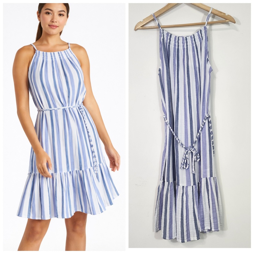 BeachLunchLounge blue white Striped 100% Cotton dressā Med Braided Belt tiered